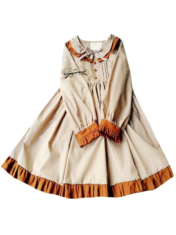 Classic Lolita OP One Piece Dress Khaki Scoop Neck Long Sleeve Two Tone Bows Lolita Dresses - Image 5