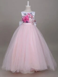 Princess Flower Girl Dresses Tulle Soft Pink Kids Pageant Dress Printed Bow Long Party Dress With Train
