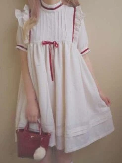 Sweet Lolita OP One Piece Dress Short Sleeve Stand Collar Chiffon White Lolita Dress