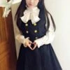 Classic Lolita Outfits Black Jumper Skirt With Long Sleeve Stand Collar Bows Ruffles Blouse