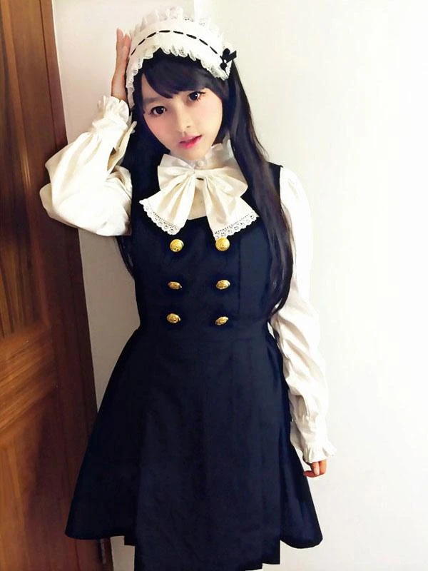 Classic Lolita Outfits Black Jumper Skirt With Long Sleeve Stand Collar Bows Ruffles Blouse - Image 2