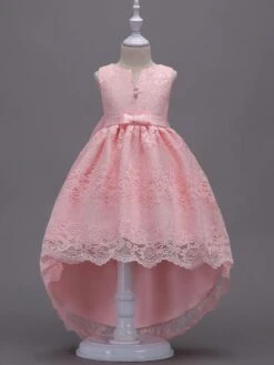 Lace Flower Girl Dresses Pink High Low Ball Gowns Sleeveless Bow Sash Princess Party Dresses