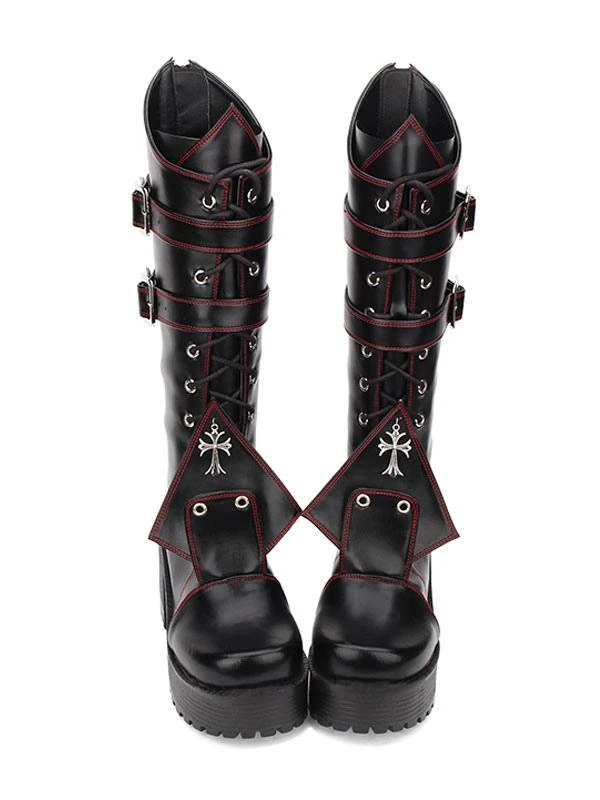 Gothic Lolita Boots Grommet Cross Lace Up Buckle Platform Chunky High Heel Black Lolita Shoes - Image 2
