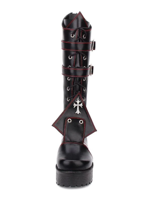 Gothic Lolita Boots Grommet Cross Lace Up Buckle Platform Chunky High Heel Black Lolita Shoes - Image 3