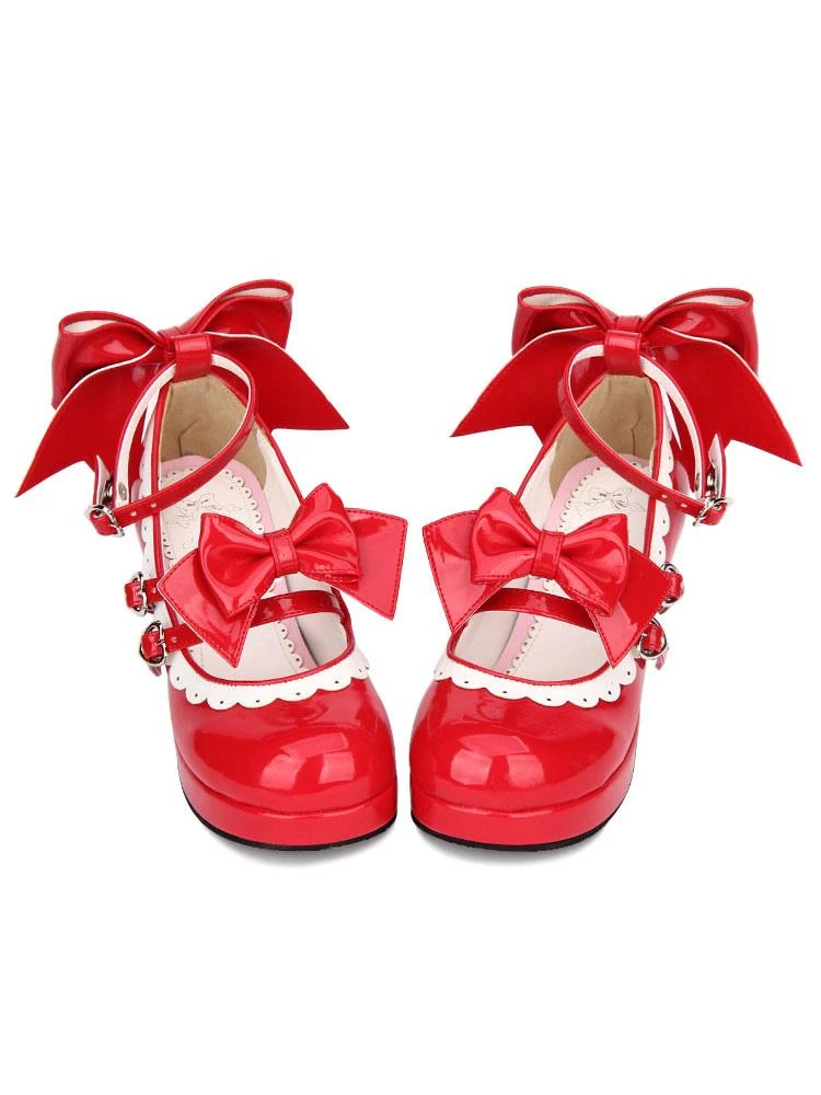 Sweet Lolita Shoes Red Bow Strappy Patent PU Red Lolita Pumps - Image 7