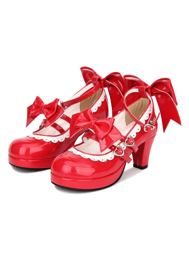 Sweet Lolita Shoes Red Bow Strappy Patent PU Red Lolita Pumps - Image 4