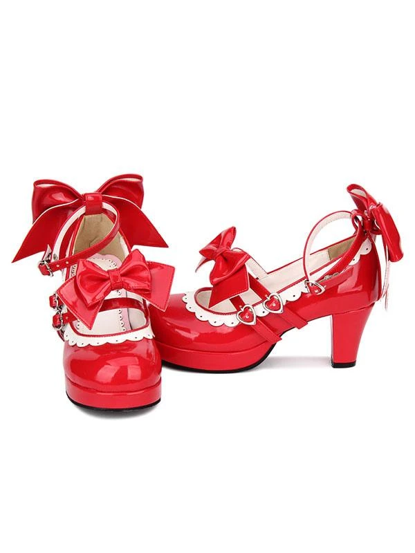 Sweet Lolita Shoes Red Bow Strappy Patent PU Red Lolita Pumps - Image 5