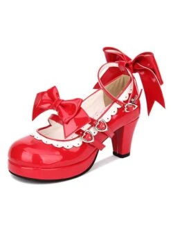 Sweet Lolita Shoes Red Bow Strappy Patent PU Red Lolita Pumps