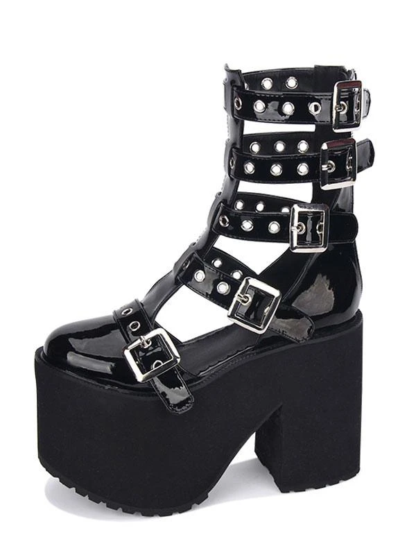 Gothic Lolita Sandal Grommet Buckle Platform Glazed PU Black Lolita Shoes - Image 2
