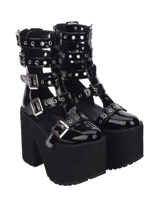 Gothic Lolita Sandal Grommet Buckle Platform Glazed PU Black Lolita Shoes - Image 4