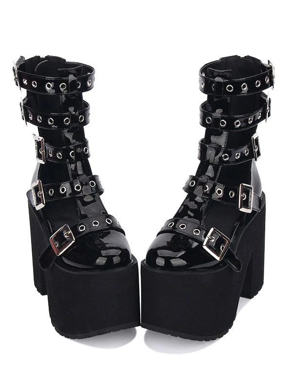 Gothic Lolita Sandal Grommet Buckle Platform Glazed PU Black Lolita Shoes - Image 5