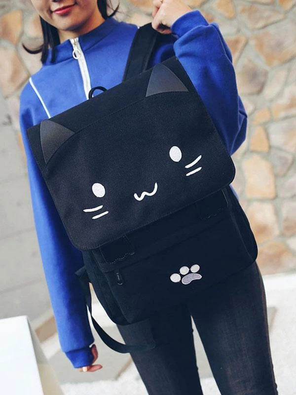 Casual Lolita Backpack Cute Cat Black Canvas Bag - Image 3