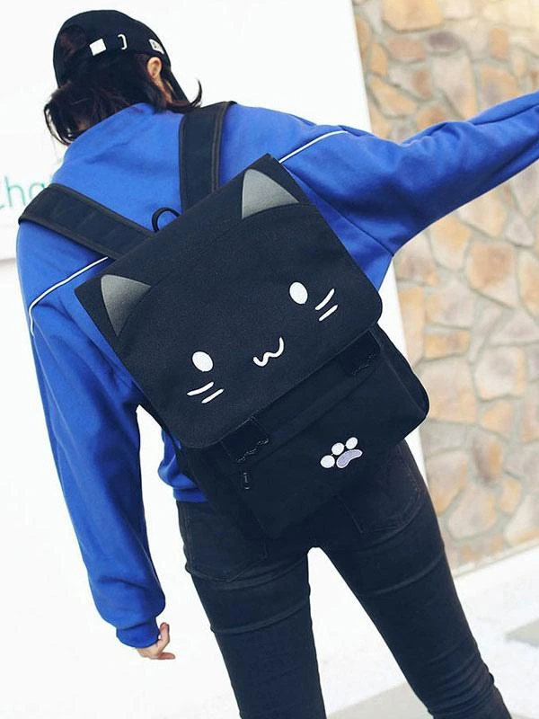 Casual Lolita Backpack Cute Cat Black Canvas Bag - Image 4