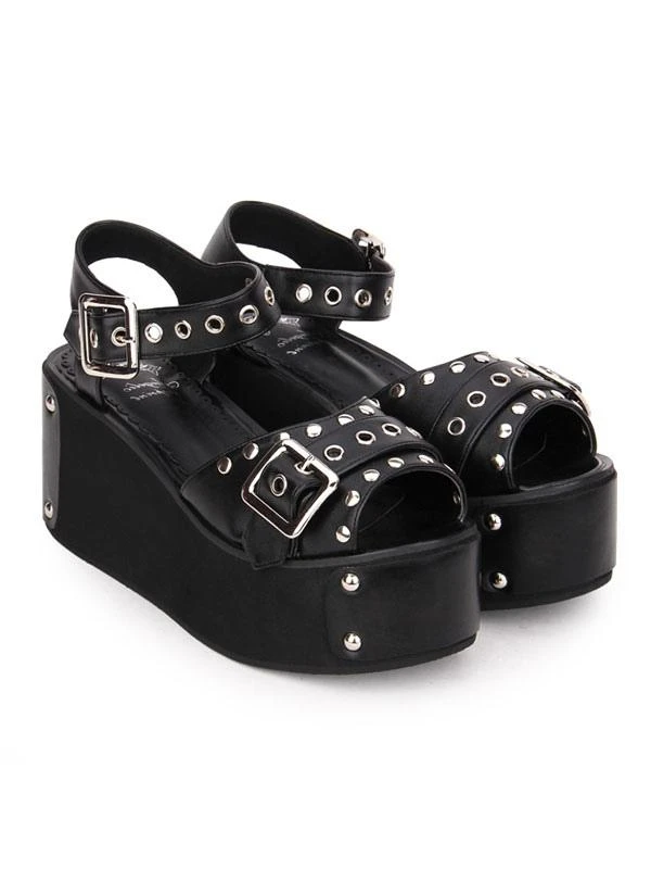 Punk Lolita Sandals Metallic Rivet Grommet Platform Wedge Heel Black Lolita Shoes - Image 3