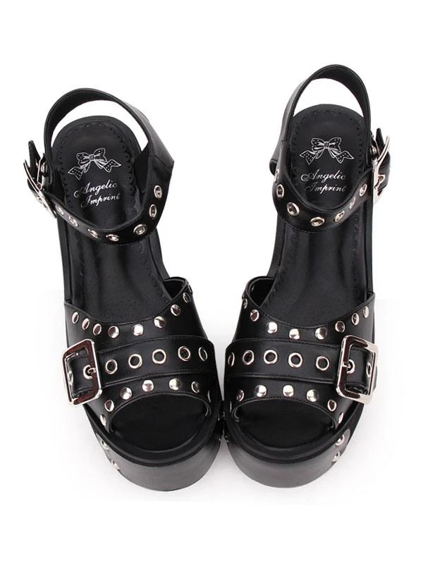 Punk Lolita Sandals Metallic Rivet Grommet Platform Wedge Heel Black Lolita Shoes - Image 6