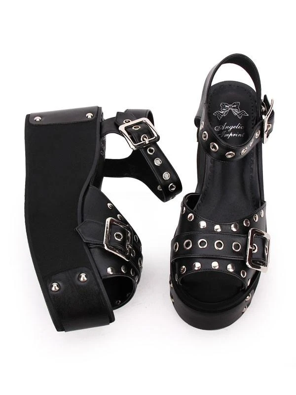Punk Lolita Sandals Metallic Rivet Grommet Platform Wedge Heel Black Lolita Shoes - Image 4
