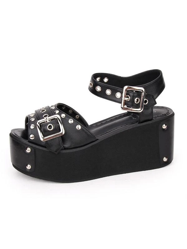 Punk Lolita Sandals Metallic Rivet Grommet Platform Wedge Heel Black Lolita Shoes - Image 2