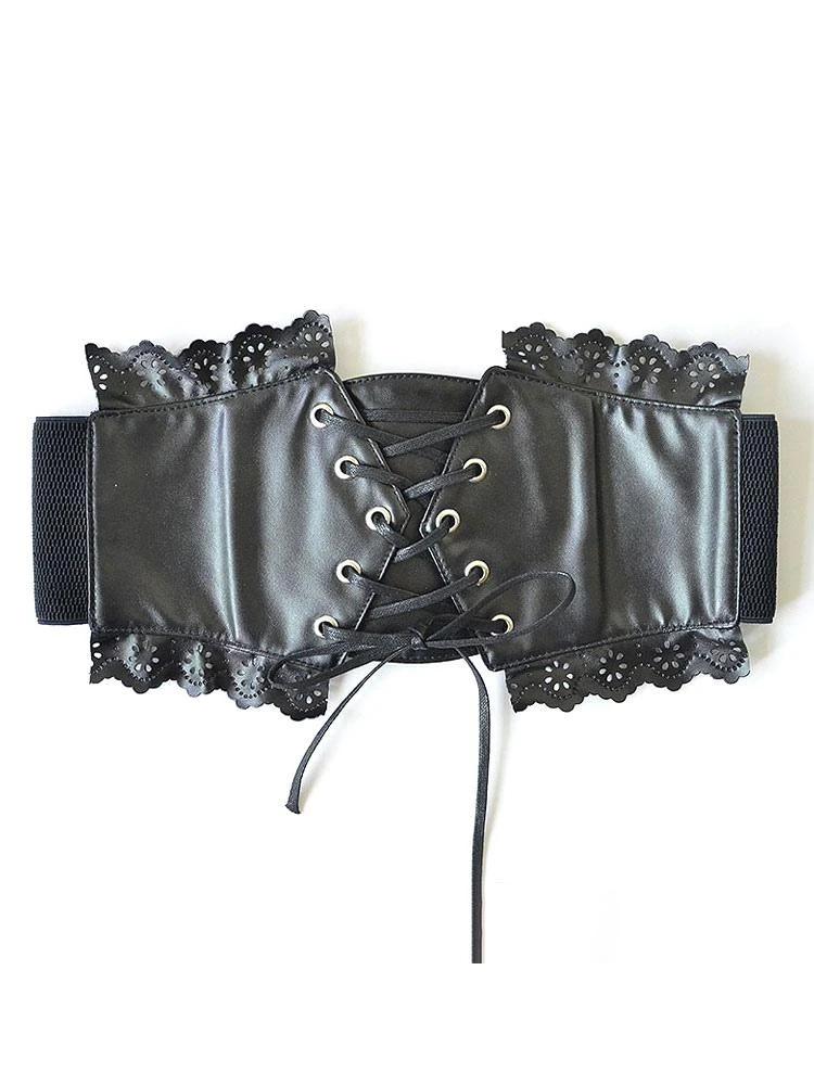 Black Lolita Bustier Lace Up Grommet Frill PU Lolita Corset - Image 2