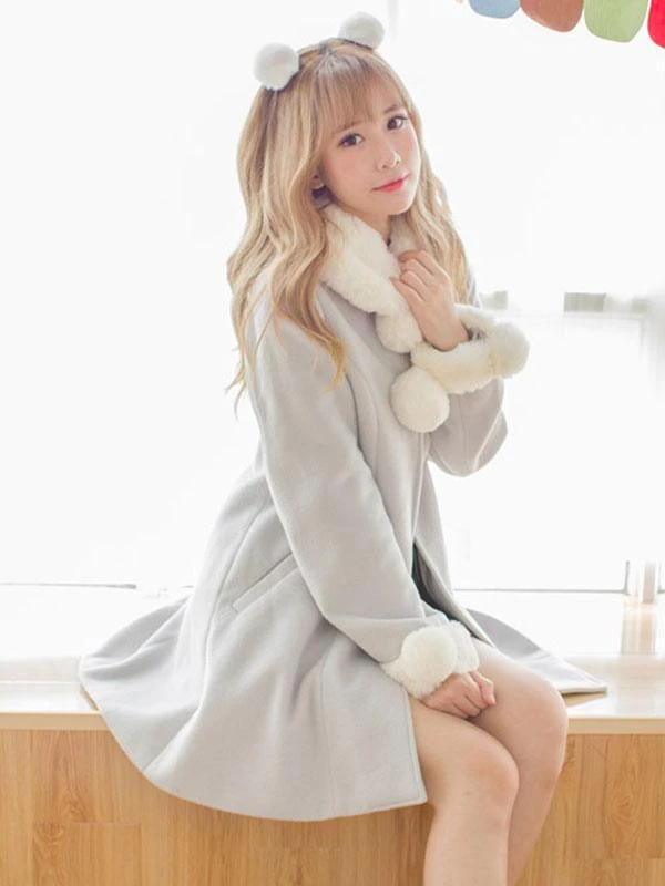 Sweet Lolita Coat Furry Collar Pom Pom Grey Wool Lolita Overcoat - Image 5