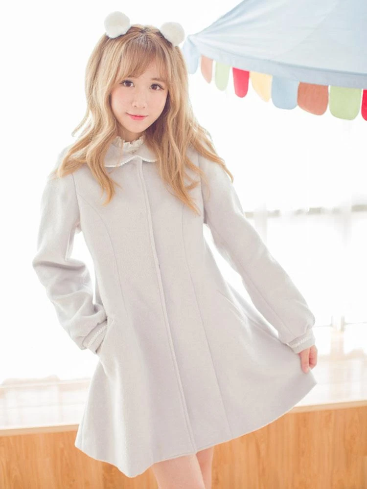 Sweet Lolita Coat Furry Collar Pom Pom Grey Wool Lolita Overcoat - Image 4