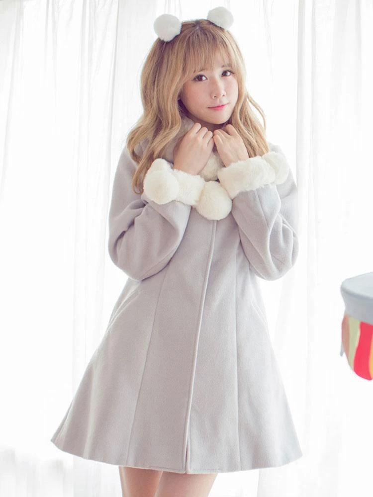 Sweet Lolita Coat Furry Collar Pom Pom Grey Wool Lolita Overcoat - Image 3