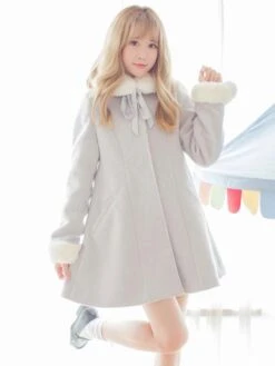 Sweet Lolita Coat Furry Collar Pom Pom Grey Wool Lolita Overcoat