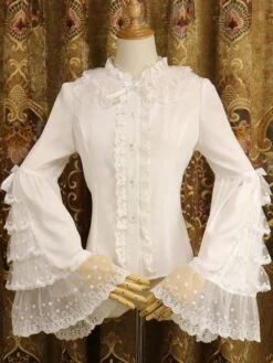 Rococo Lolita Shirt Lace Trim Ruffle Bow Chiffon Lolita Blouse