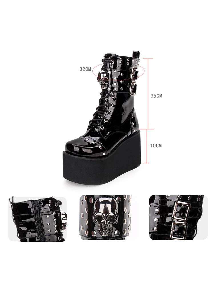 Gothic Lolita Boots Metallic Buckle Rivet Lace Up Zipper Platform Black Lolita Footwear - Image 5