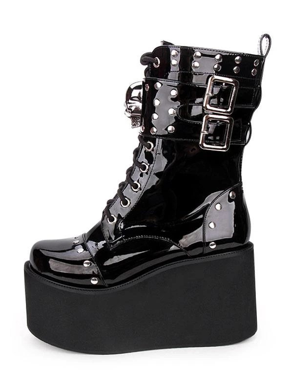 Gothic Lolita Boots Metallic Buckle Rivet Lace Up Zipper Platform Black Lolita Footwear - Image 3