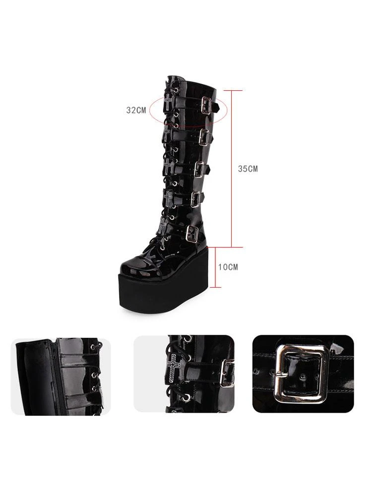 Gothic Lolita Boots Metallic Buckle Zipper Grommet Lace Up Platform Black Lolita Footwear - Image 2