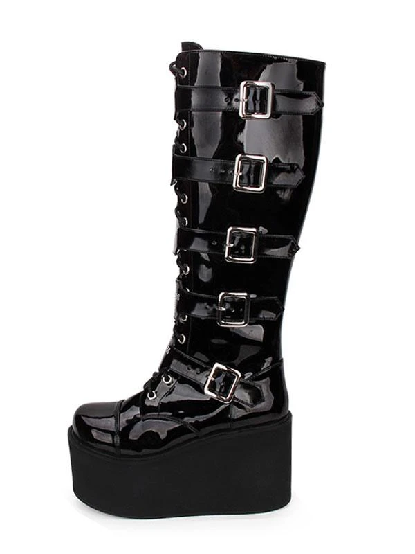 Gothic Lolita Boots Metallic Buckle Zipper Grommet Lace Up Platform Black Lolita Footwear - Image 4