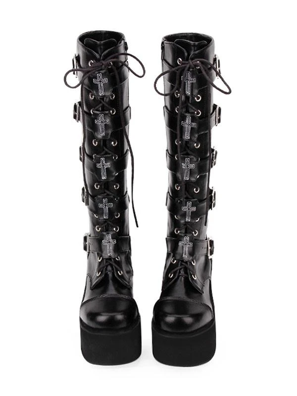 Gothic Lolita Boots Metallic Buckle Zipper Grommet Lace Up Platform Black Lolita Footwear - Image 5