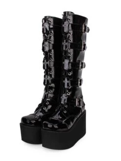 Gothic Lolita Boots Metallic Buckle Zipper Grommet Lace Up Platform Black Lolita Footwear