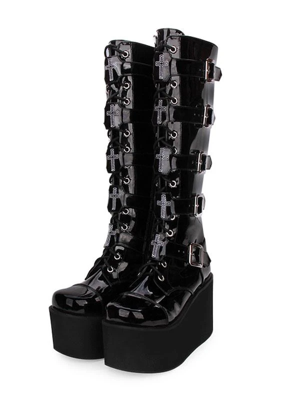 Gothic Lolita Boots Metallic Buckle Zipper Grommet Lace Up Platform Black Lolita Footwear