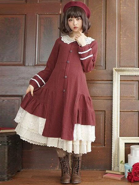 Classic Lolita OP Dress Lac Ruffle Button Two Tone Cotton Red Lolita One Piece Dress