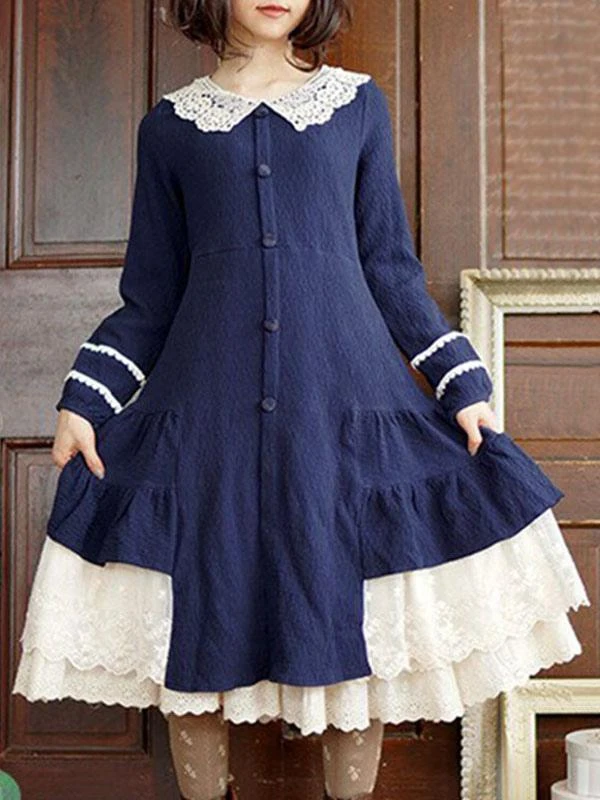 Classic Lolita OP Dress Lac Ruffle Button Two Tone Cotton Red Lolita One Piece Dress - Image 3