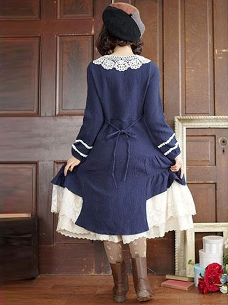 Classic Lolita OP Dress Lac Ruffle Button Two Tone Cotton Red Lolita One Piece Dress - Image 5