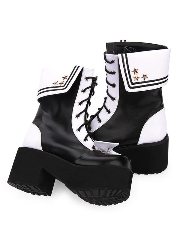 Classic Lolita Boots Lace Up Bow Two Tone Platform Black Lolita Shoes - Image 3
