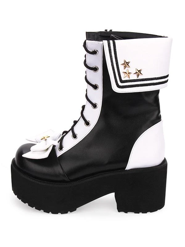 Classic Lolita Boots Lace Up Bow Two Tone Platform Black Lolita Shoes - Image 5