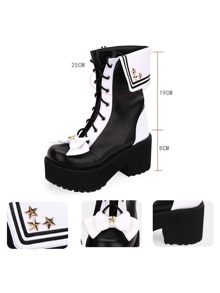 Classic Lolita Boots Lace Up Bow Two Tone Platform Black Lolita Shoes - Image 4