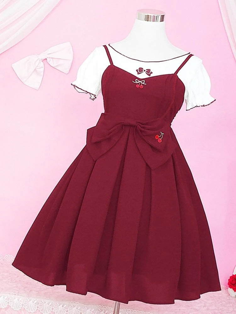 Classic Lolita Outfit Cherry Embroidered Bow Ruffle Two Tone Lolita JSK With Top - Image 6