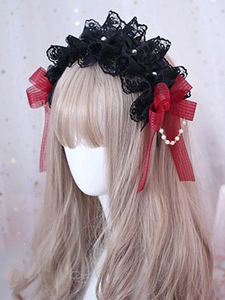 Gothic Lolita Hair Accessory Ruffle Bow Pearl Lace Black Lolita Headdress - Image 4