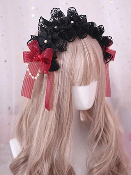 Gothic Lolita Hair Accessory Ruffle Bow Pearl Lace Black Lolita Headdress - Image 3