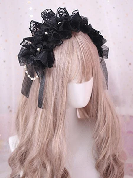 Gothic Lolita Hair Accessory Ruffle Bow Pearl Lace Black Lolita Headdress - Image 2