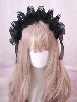Gothic Lolita Hair Accessory Ruffle Bow Pearl Lace Black Lolita Headdress