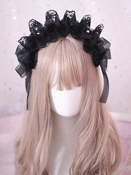 Gothic Lolita Hair Accessory Ruffle Bow Pearl Lace Black Lolita Headdress