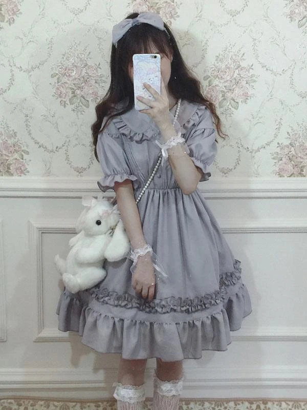 Classic Lolita OP Dress Ruffle Button Decor Grey Lolita One Piece Dress