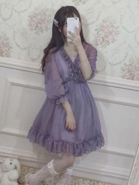 Classic Lolita OP Dress Ruffle Chiffon Lilac Lolita One Piece Dress - Image 2