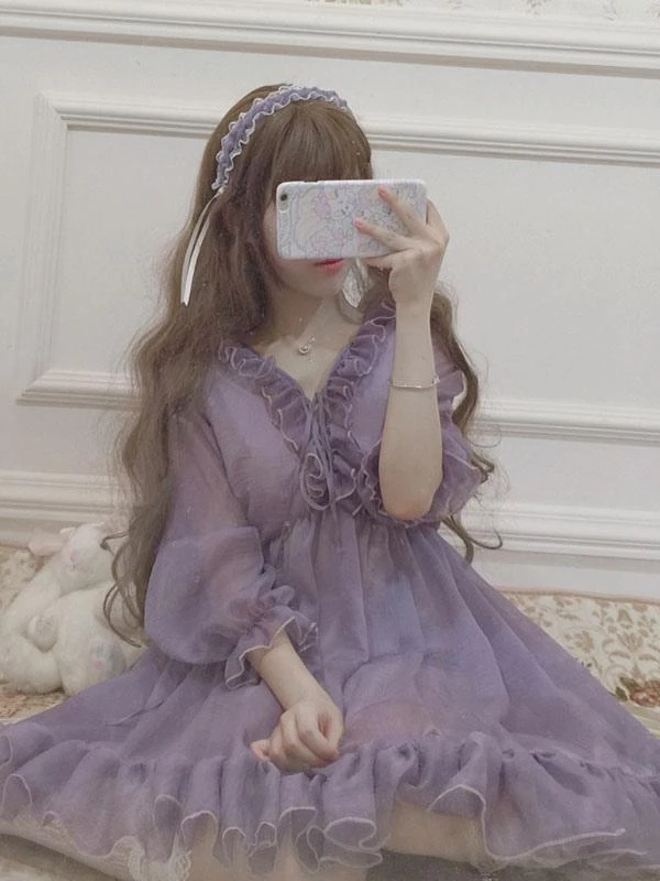 Classic Lolita OP Dress Ruffle Chiffon Lilac Lolita One Piece Dress - Image 3