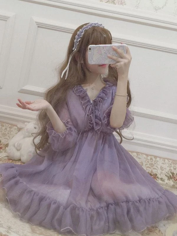 Classic Lolita OP Dress Ruffle Chiffon Lilac Lolita One Piece Dress - Image 4